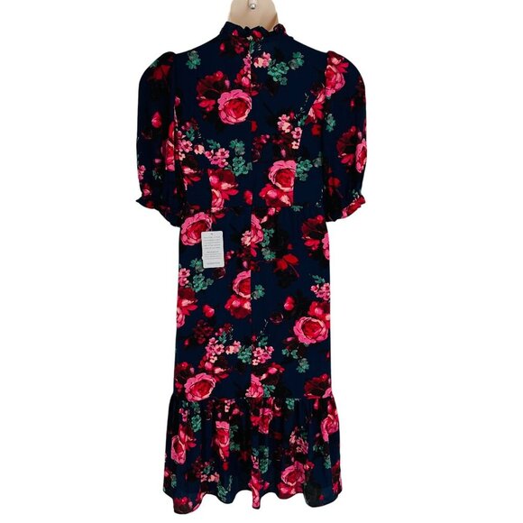 London Times Floral Smocked Bodice A-Line Midi Dress Size 6 Navy Floral - Picture 4 of 13